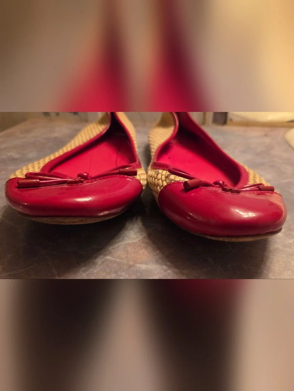 Tory Burch Red Patent Leather Bow Raffia Ballet Flats